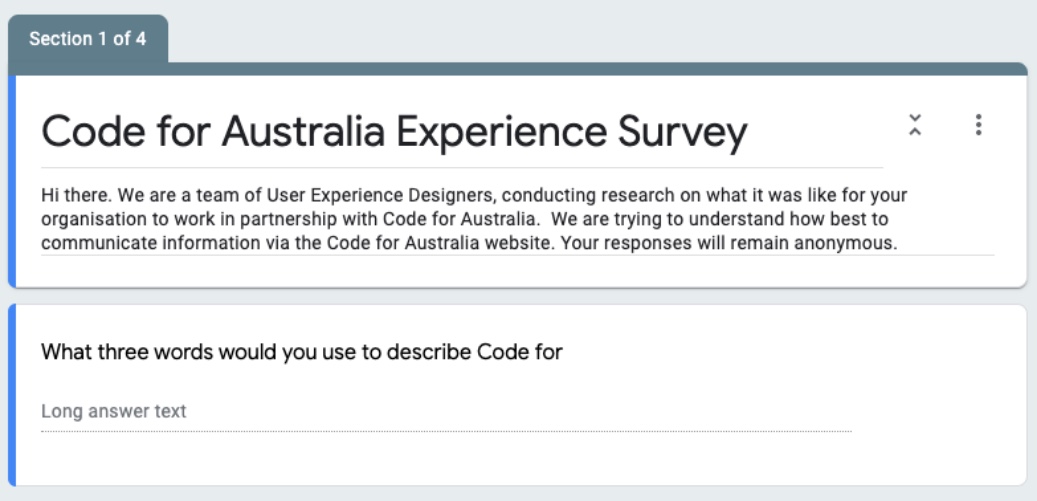 A screen shot of the start of a survey